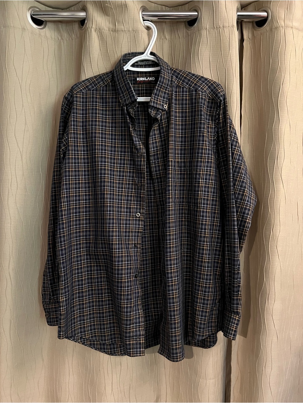Kirkland Signature Navy and Brown Plaid Button-Down Shirt